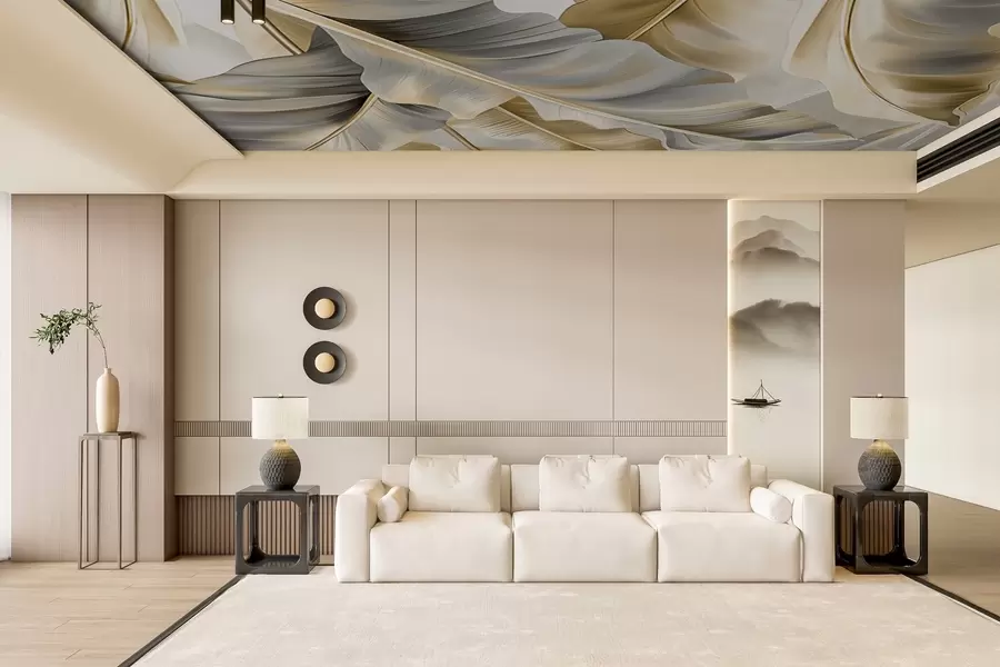 murales de pared lujosas hojas de plátano grandes en tonos gris-beige w07876