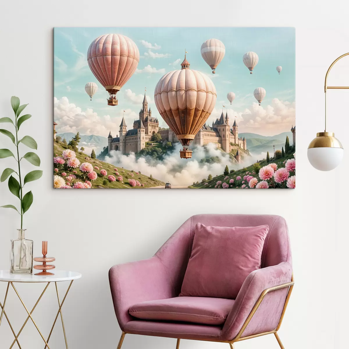murales de pared Un castillo de fantasía rodeado de globos aerostáticos rosas flotando en un cielo nublado sobre un paisaje verde y exuberante  s39387