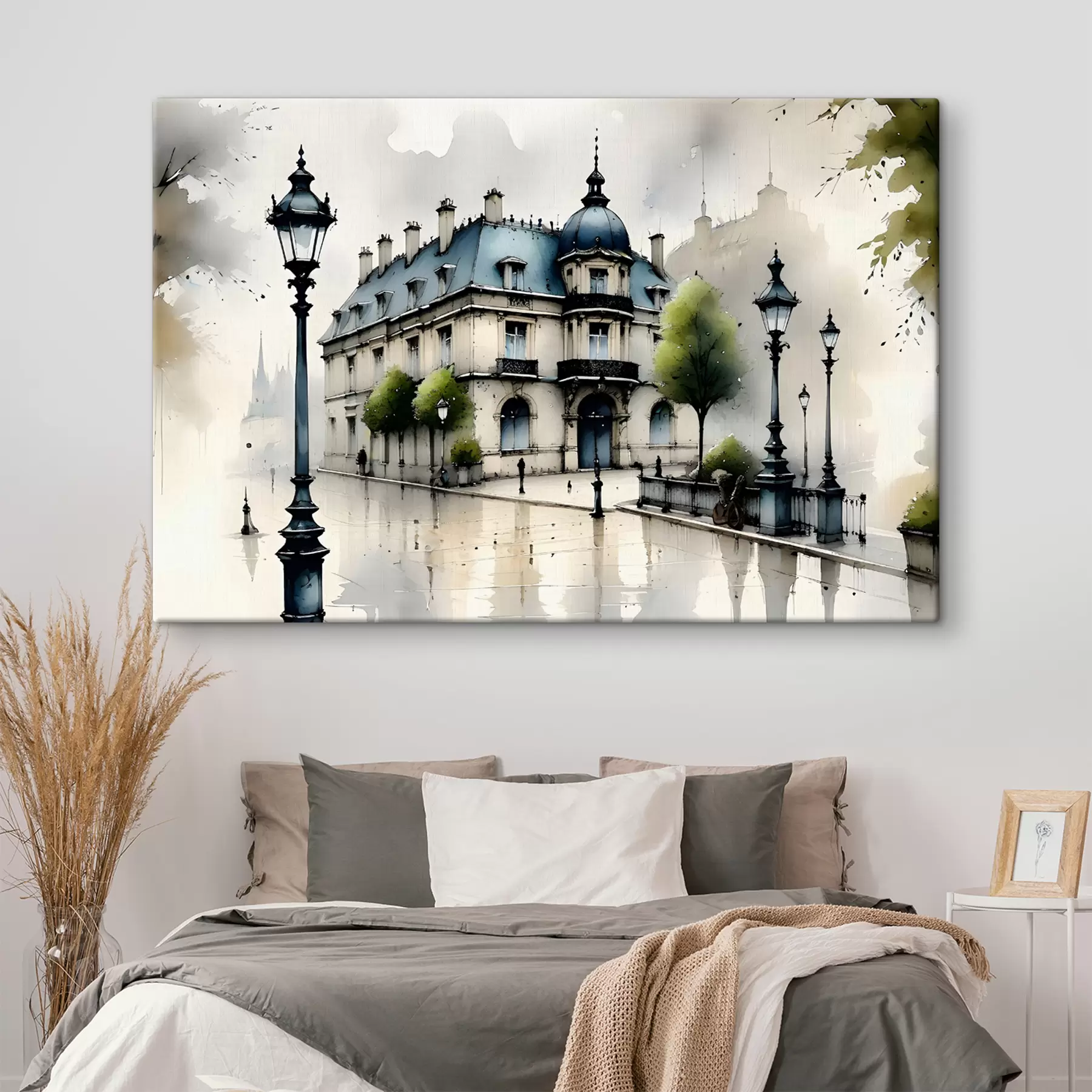 murales de pared Un gran edificio con acuarela rodeado de farolas y árboles, en un día lluvioso s39391