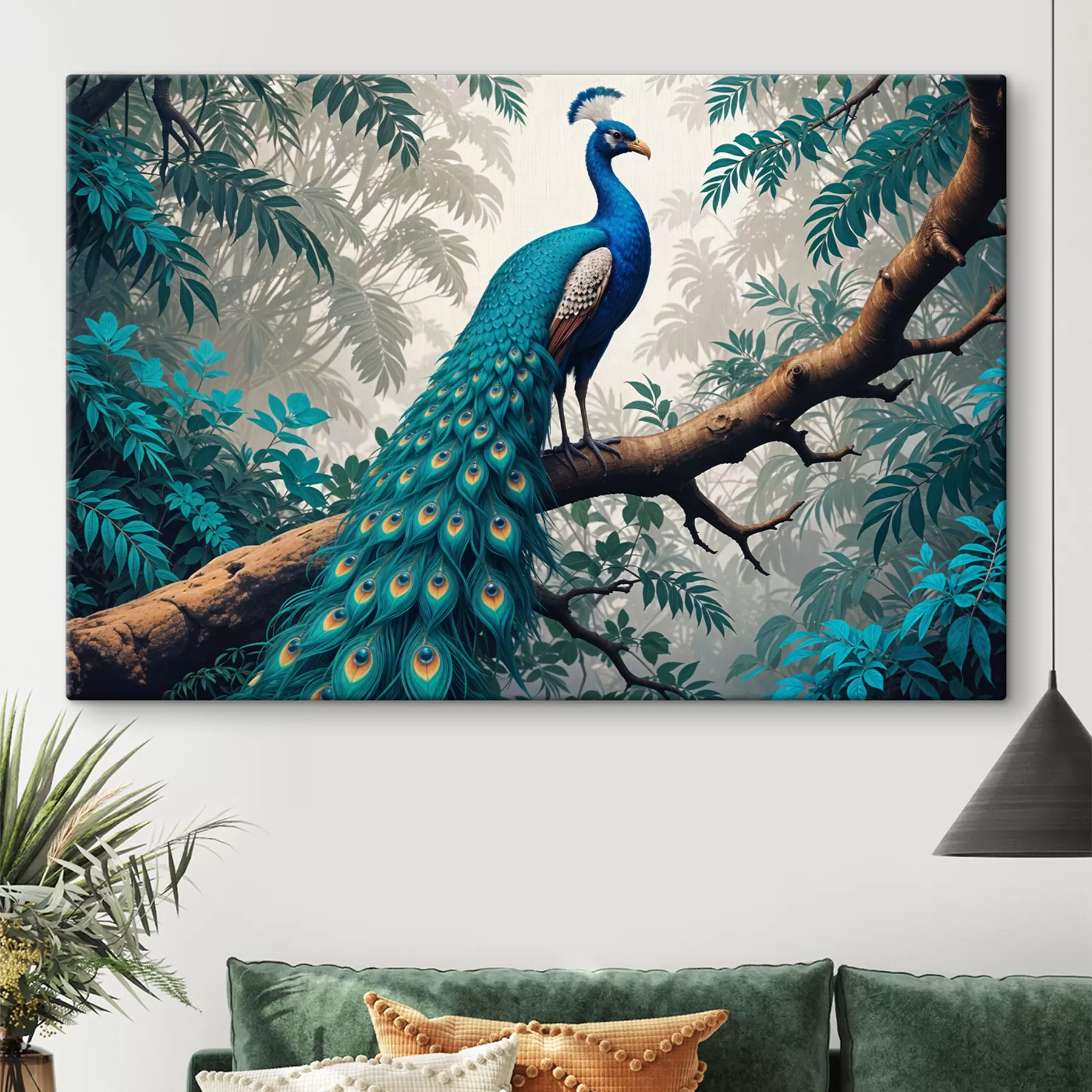 murales de pared Un pavo real azul vibrante posado en la rama de un árbol en un exuberante bosque tropical  s39401