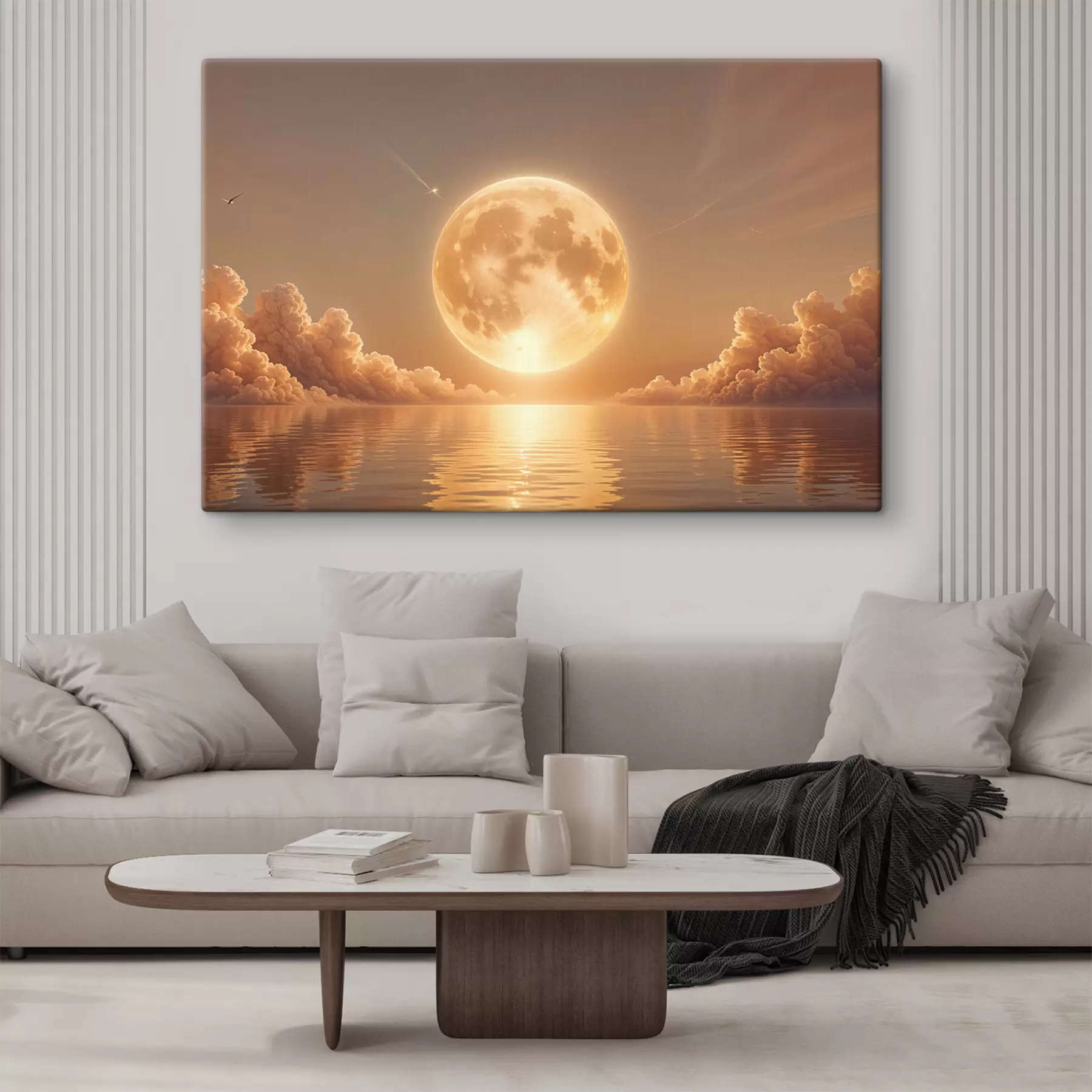 murales de pared Una luna llena grande y brillante que se eleva sobre un océano tranquilo y reflectante al atardecer s39403