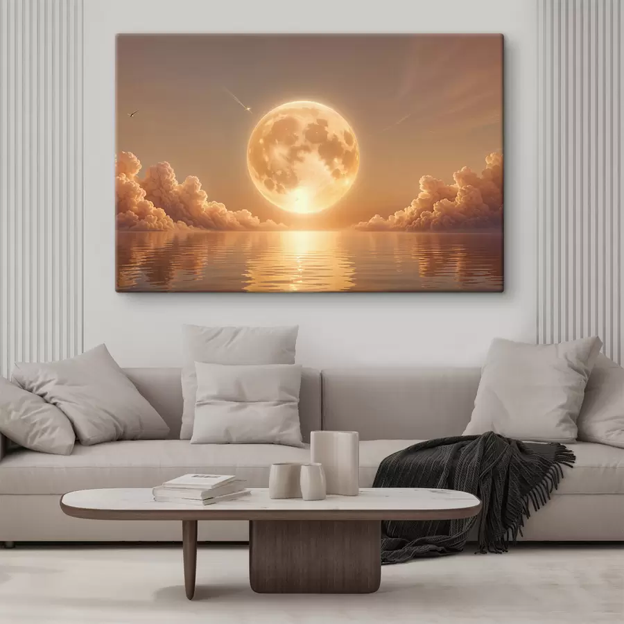 murales de pared Una luna llena grande y brillante que se eleva sobre un océano tranquilo y reflectante al atardecer s39403