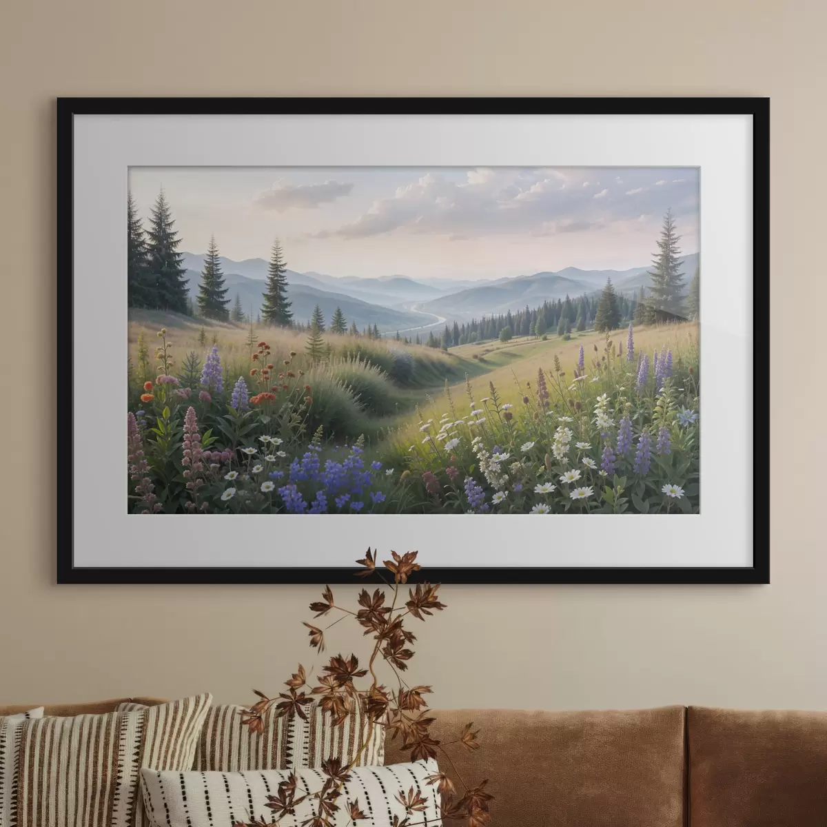 Poster Paisaje de montaña con una pradera cubierta de hierba en primer plano llena de coloridas flores silvestres f39382