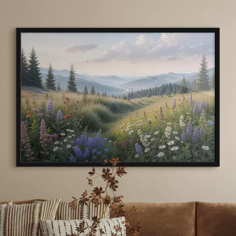 murales de pared Paisaje de montaña con una pradera cubierta de hierba en primer plano llena de coloridas flores silvestres f39382