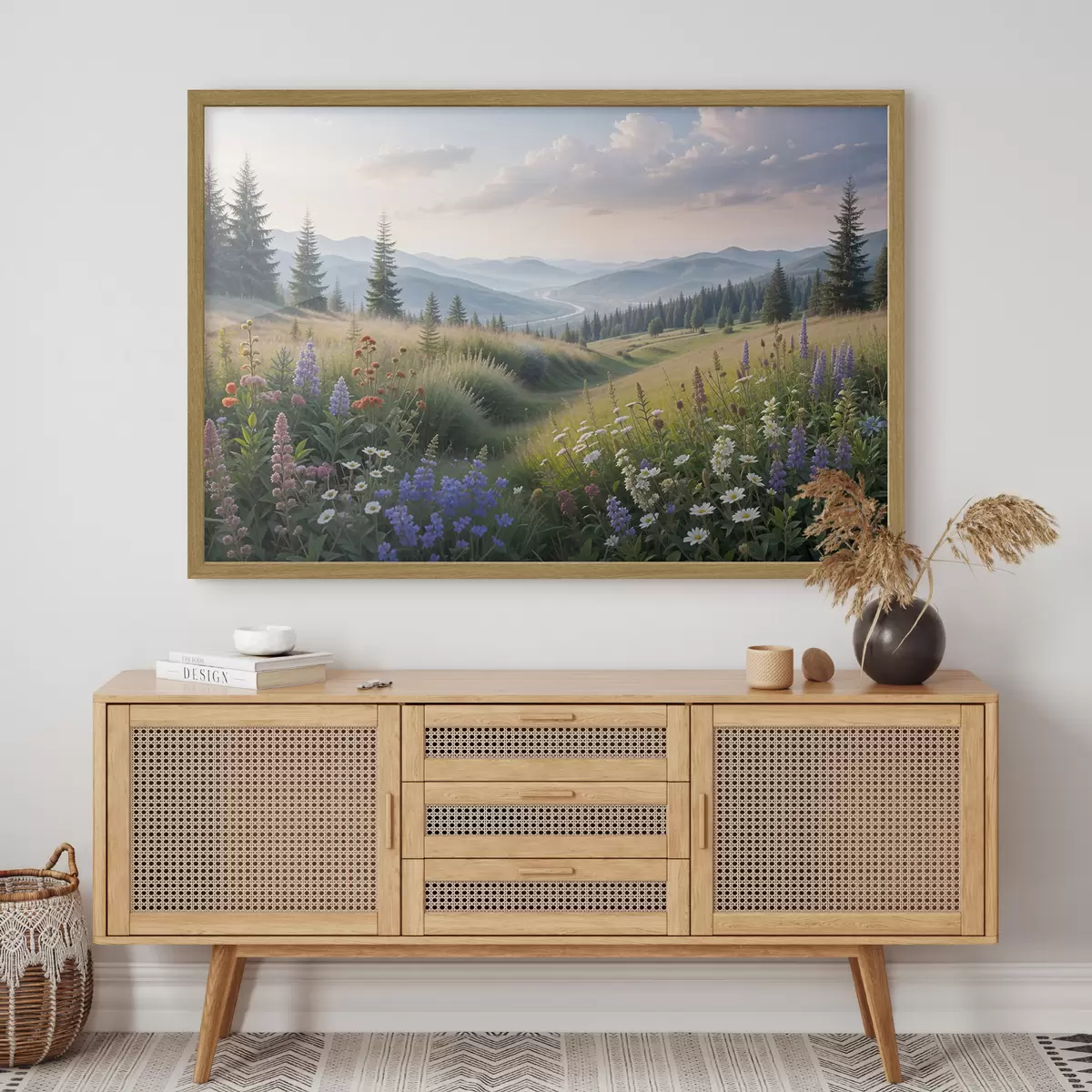 Poster Paisaje de montaña con una pradera cubierta de hierba en primer plano llena de coloridas flores silvestres f39382