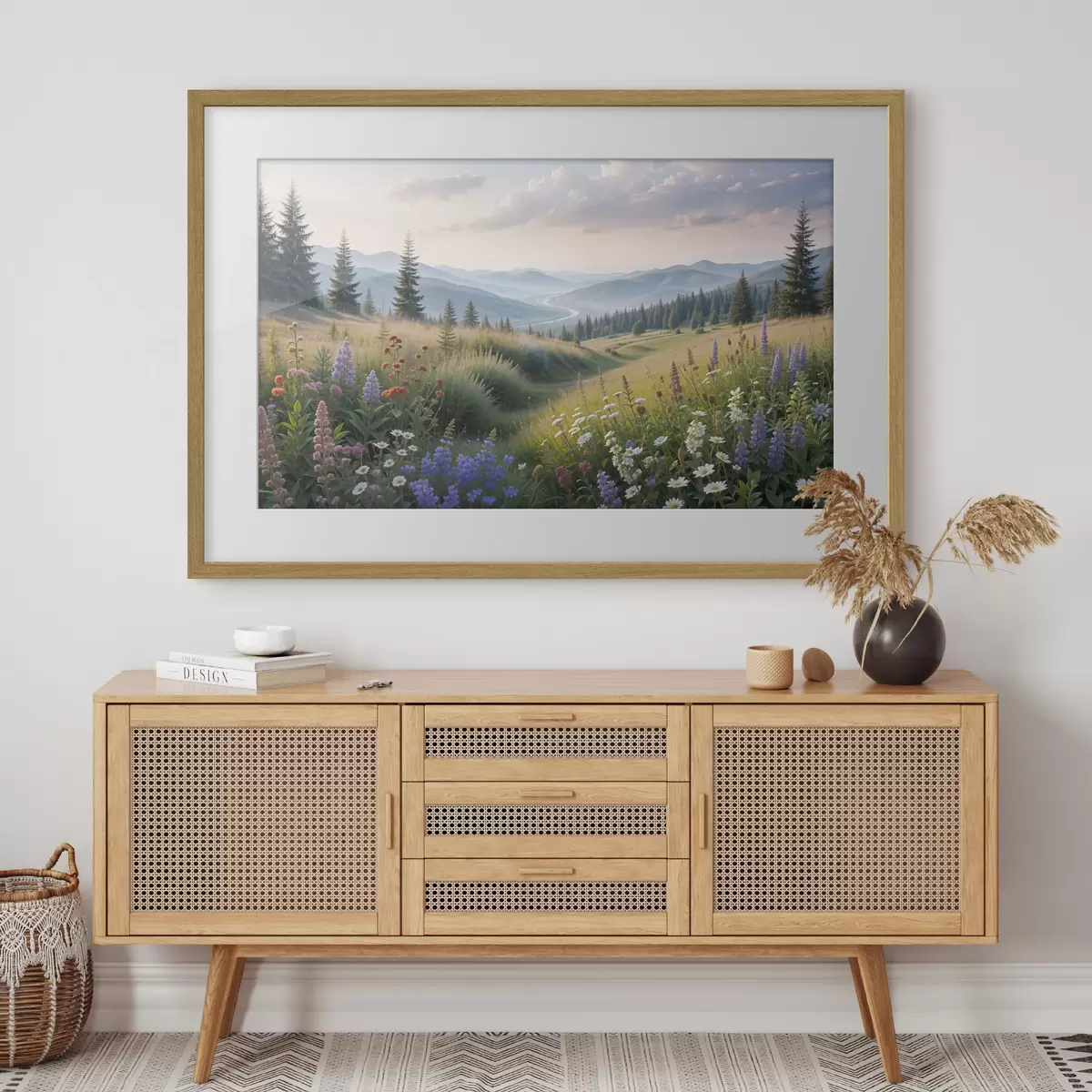 Poster Paisaje de montaña con una pradera cubierta de hierba en primer plano llena de coloridas flores silvestres f39382