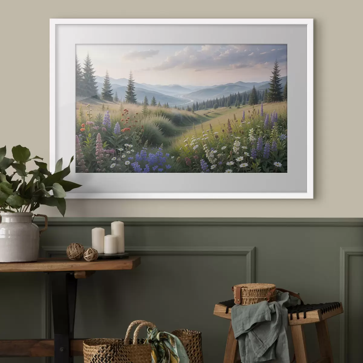 Poster Paisaje de montaña con una pradera cubierta de hierba en primer plano llena de coloridas flores silvestres f39382