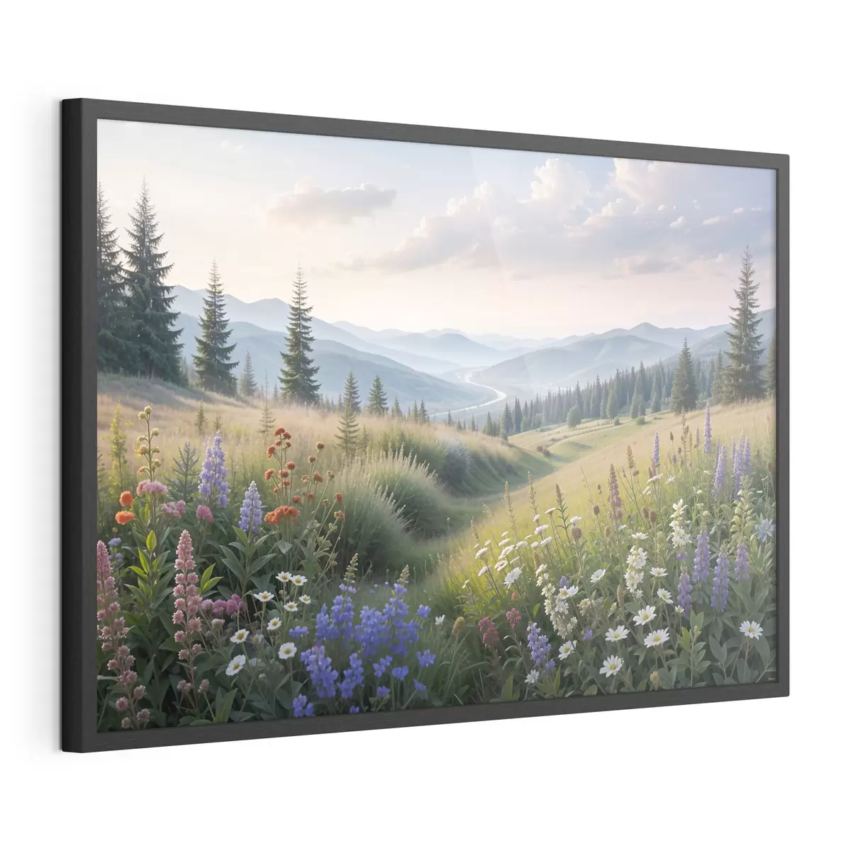 Poster Paisaje de montaña con una pradera cubierta de hierba en primer plano llena de coloridas flores silvestres f39382
