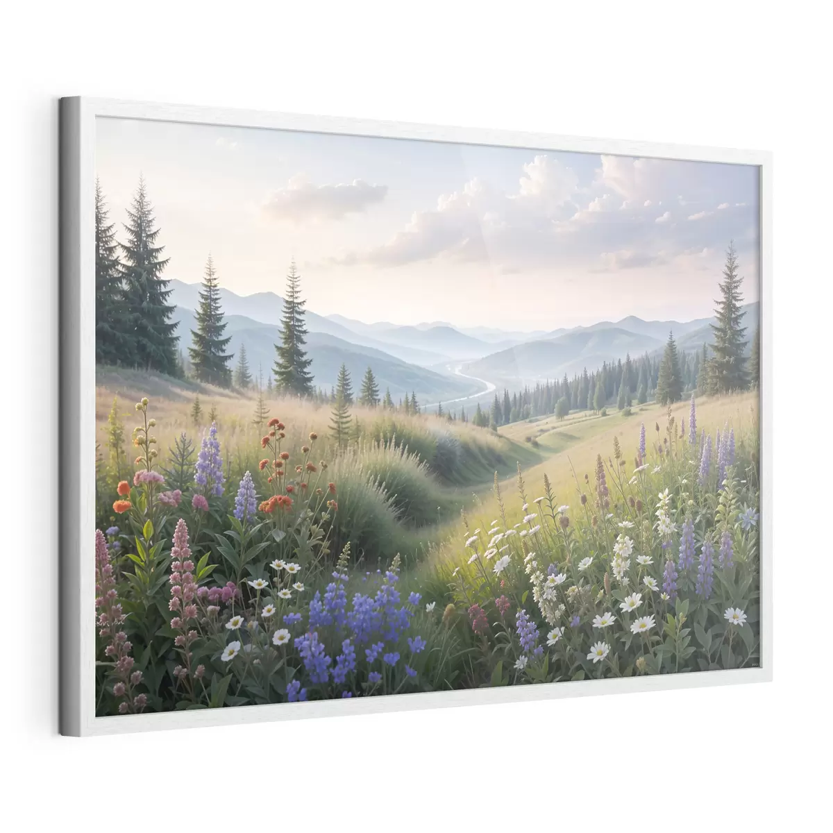 Poster Paisaje de montaña con una pradera cubierta de hierba en primer plano llena de coloridas flores silvestres f39382