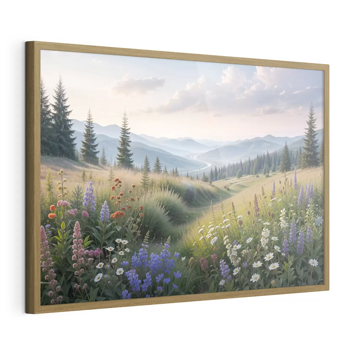 Poster Paisaje de montaña con una pradera cubierta de hierba en primer plano llena de coloridas flores silvestres f39382