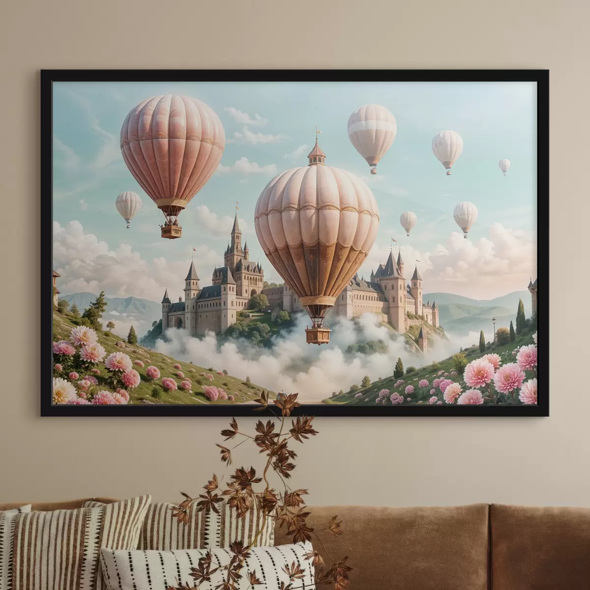 Poster Un castillo de fantasía rodeado de globos aerostáticos rosas flotando en un cielo nublado sobre un paisaje verde y exuberante f39387