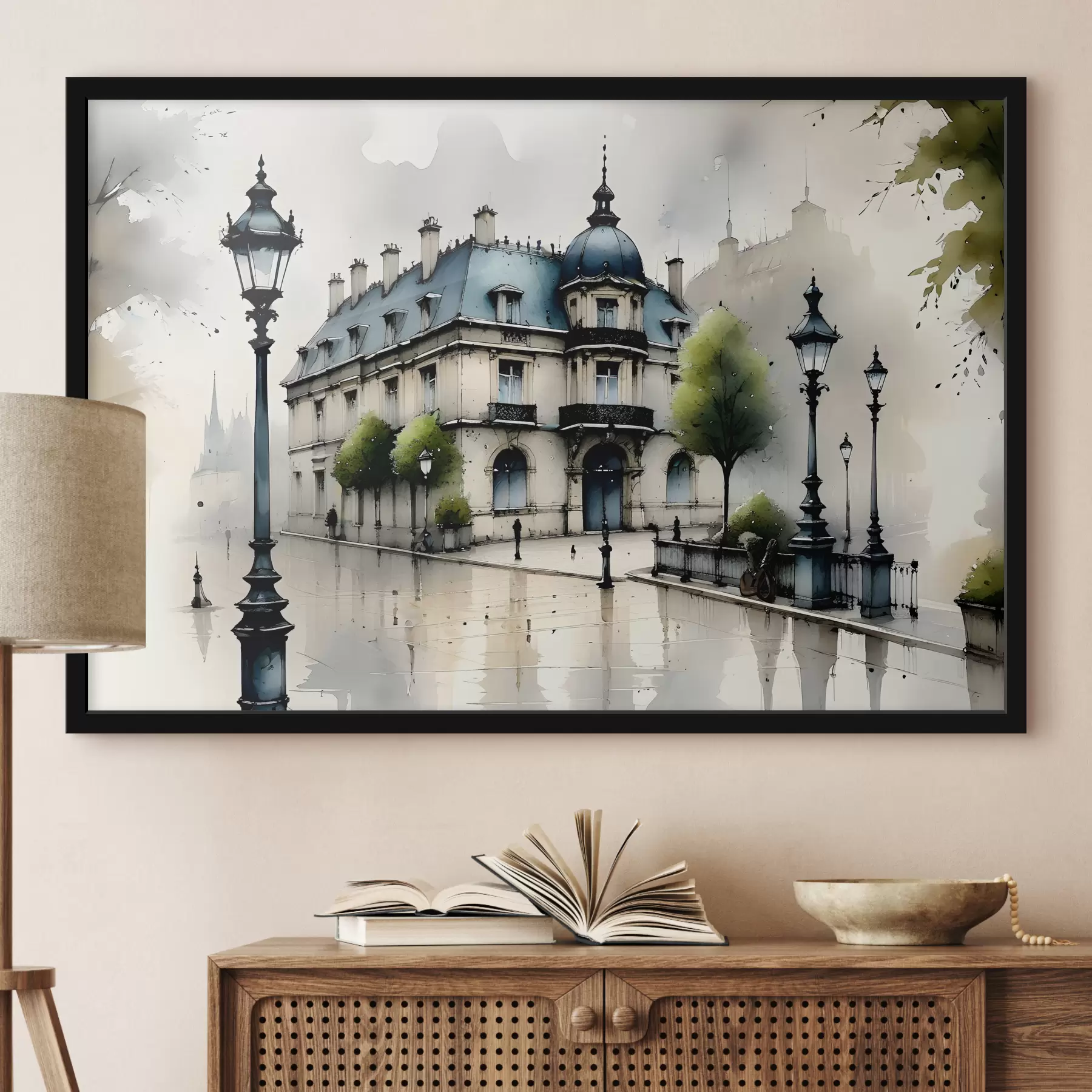 murales de pared Un gran edificio con acuarela rodeado de farolas y árboles, en un día lluvioso f39391