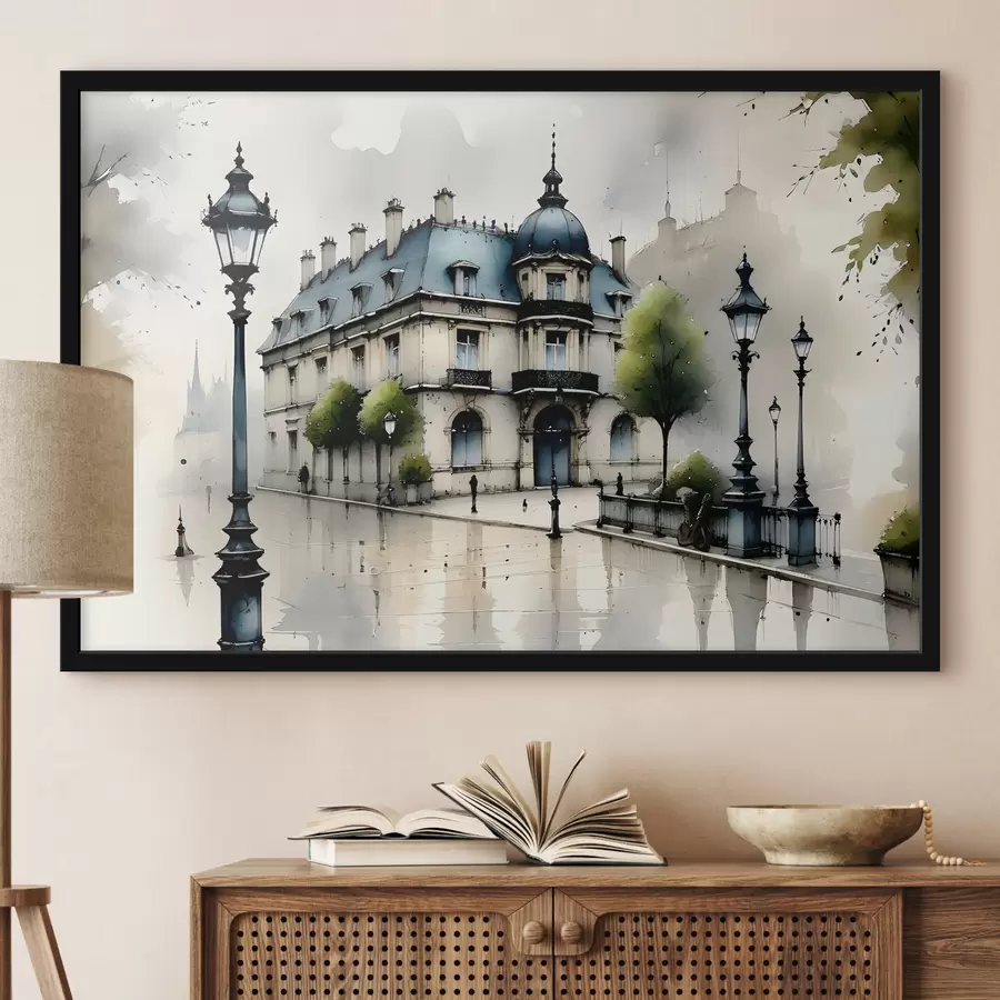 murales de pared Un gran edificio con acuarela rodeado de farolas y árboles, en un día lluvioso f39391