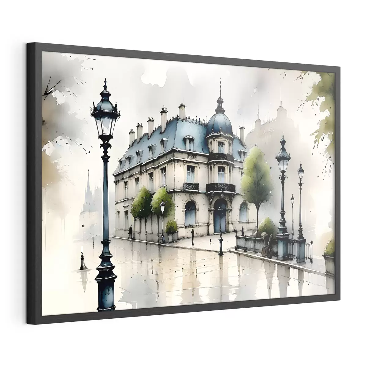 Poster Un gran edificio con acuarela rodeado de farolas y árboles, en un día lluvioso f39391