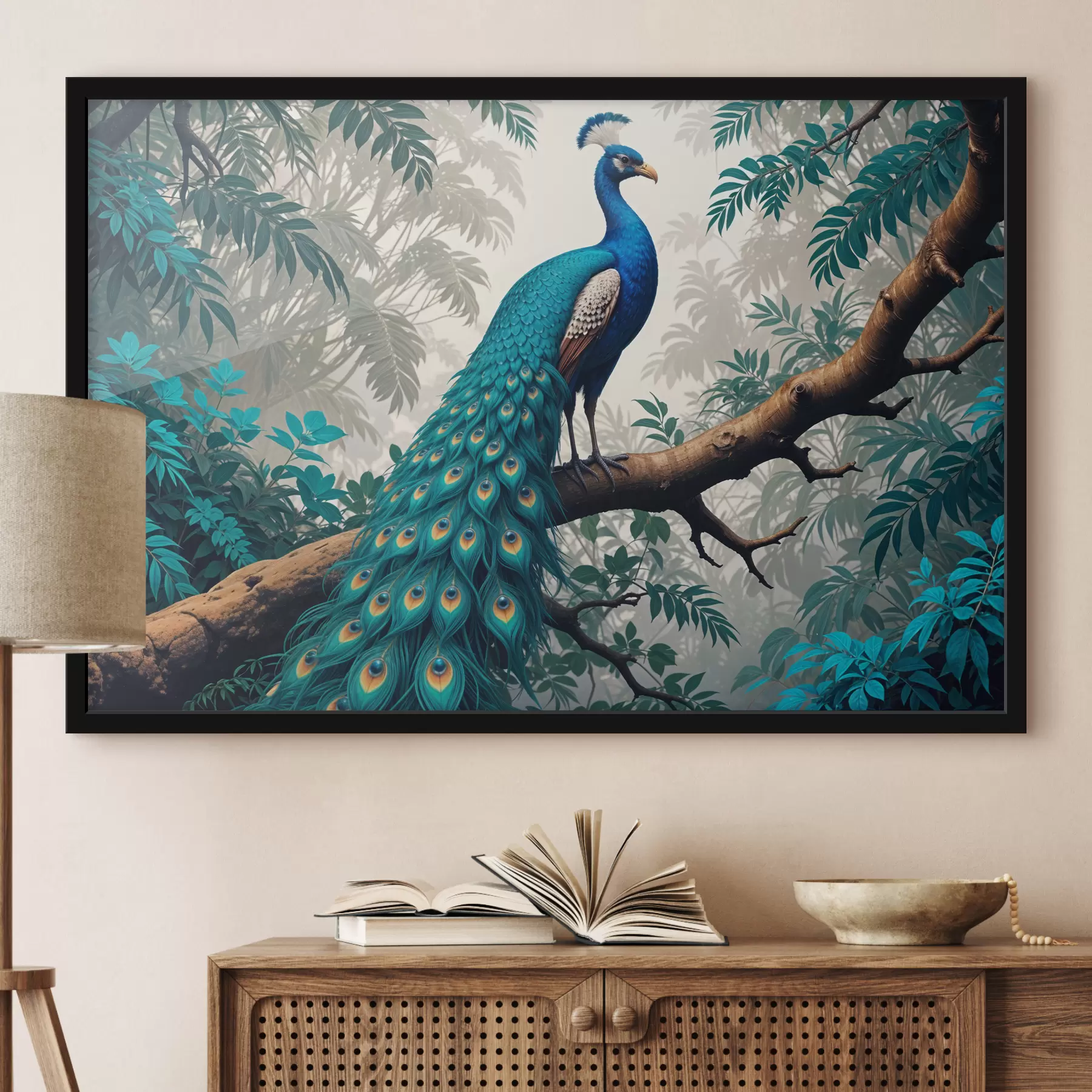murales de pared Un pavo real azul vibrante posado en la rama de un árbol en un exuberante bosque tropical f39401