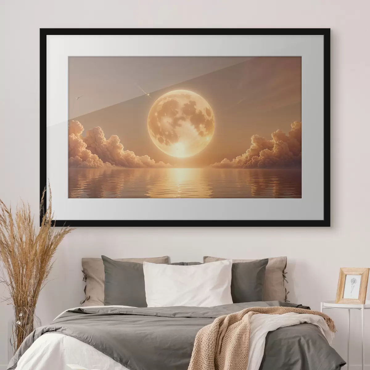 Poster Una luna llena grande y brillante que se eleva sobre un océano tranquilo y reflectante al atardecer f39403