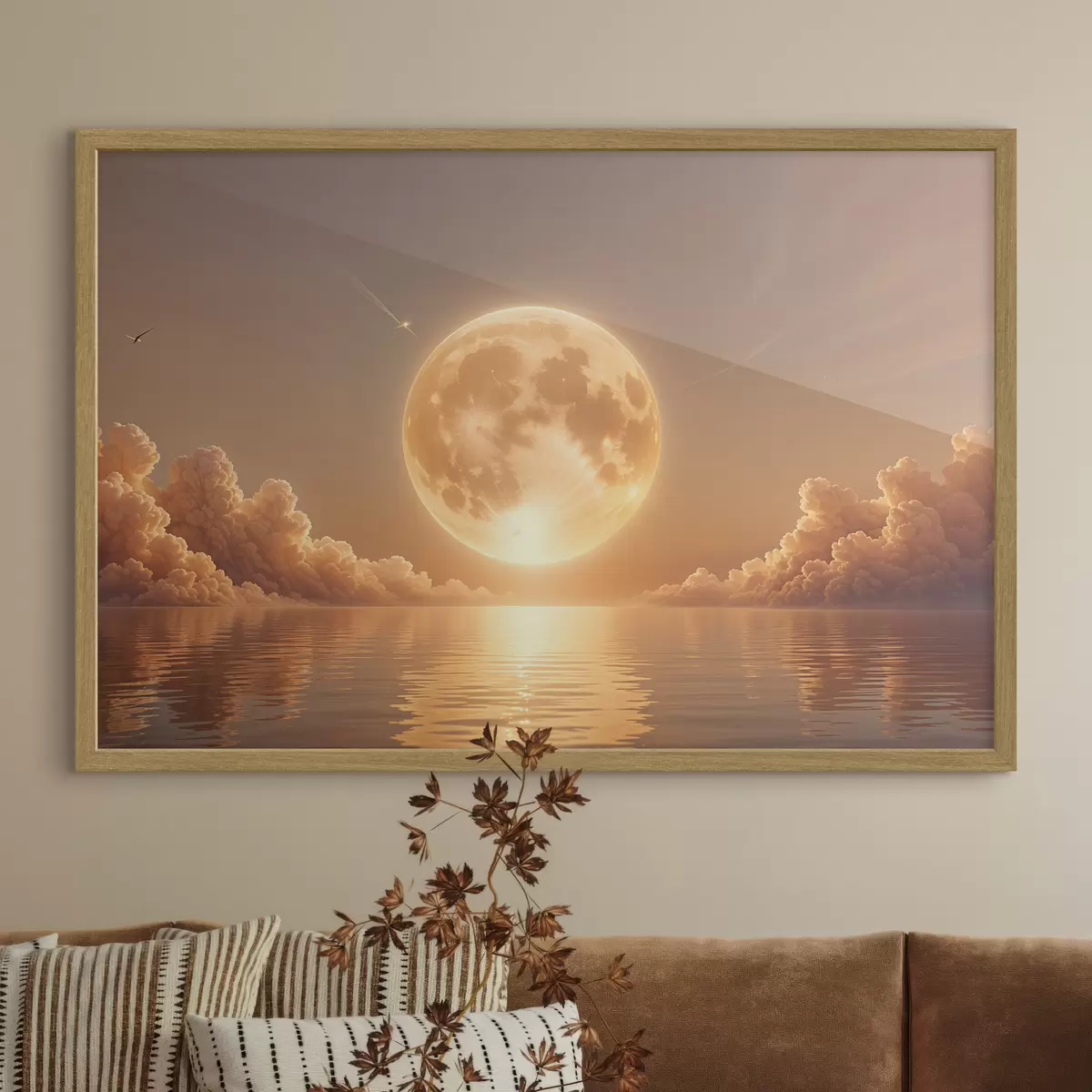 Poster Una luna llena grande y brillante que se eleva sobre un océano tranquilo y reflectante al atardecer f39403