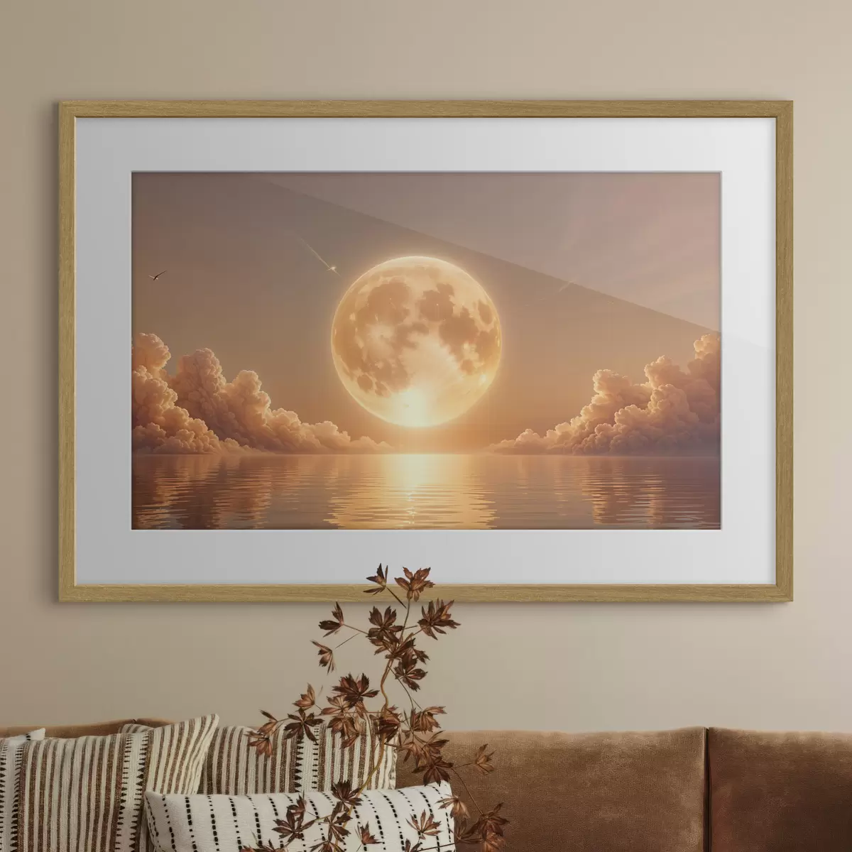 Poster Una luna llena grande y brillante que se eleva sobre un océano tranquilo y reflectante al atardecer f39403