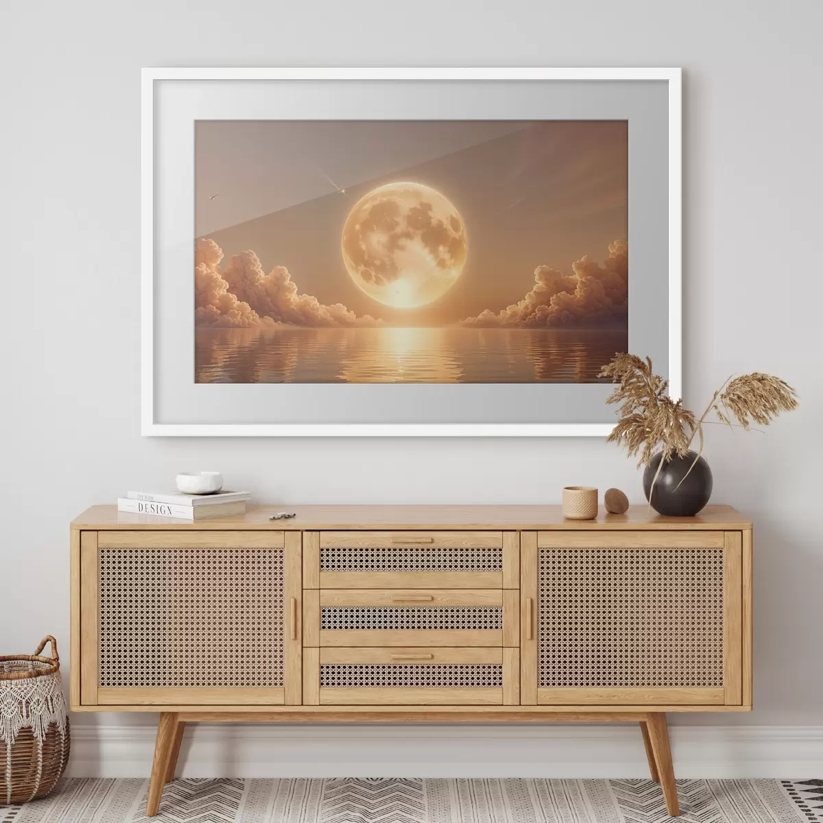Poster Una luna llena grande y brillante que se eleva sobre un océano tranquilo y reflectante al atardecer f39403