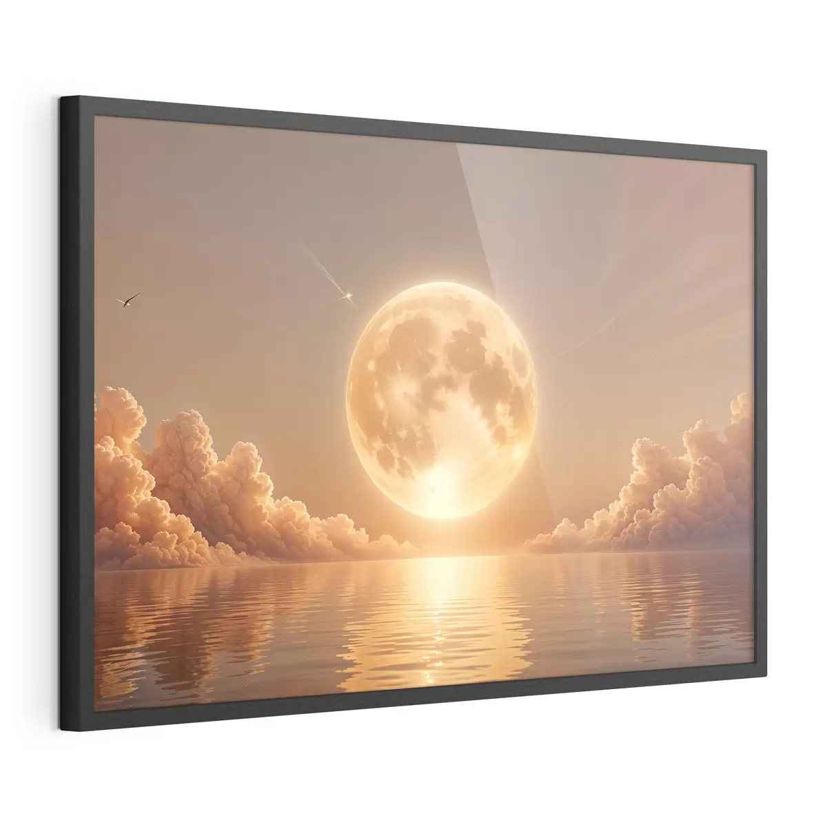 Poster Una luna llena grande y brillante que se eleva sobre un océano tranquilo y reflectante al atardecer f39403