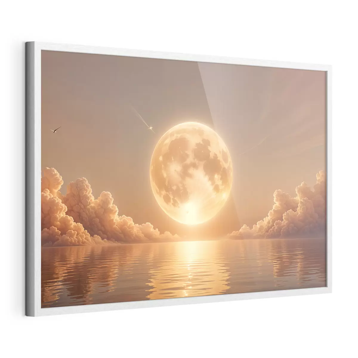 Poster Una luna llena grande y brillante que se eleva sobre un océano tranquilo y reflectante al atardecer f39403