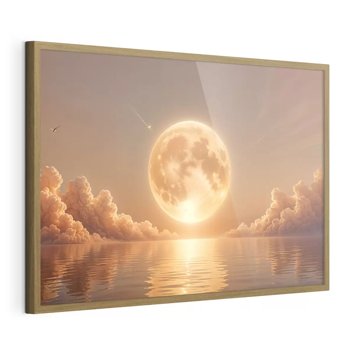 Poster Una luna llena grande y brillante que se eleva sobre un océano tranquilo y reflectante al atardecer f39403
