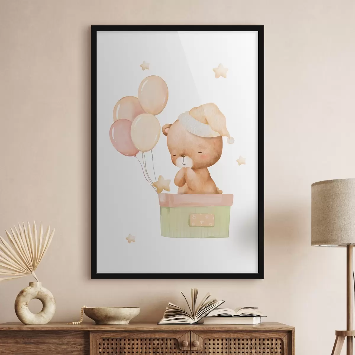 Poster Simpático osito de peluche con globos y estrellas f37918