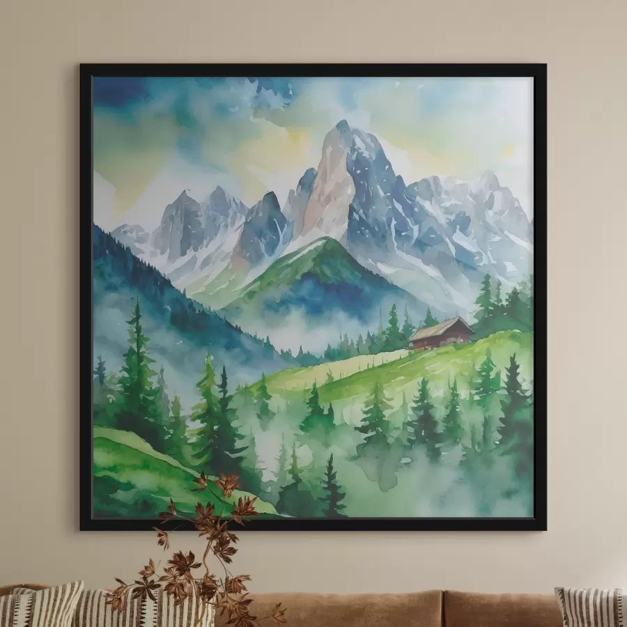 murales de pared Serenas montañas con frondosos árboles verdes f37959