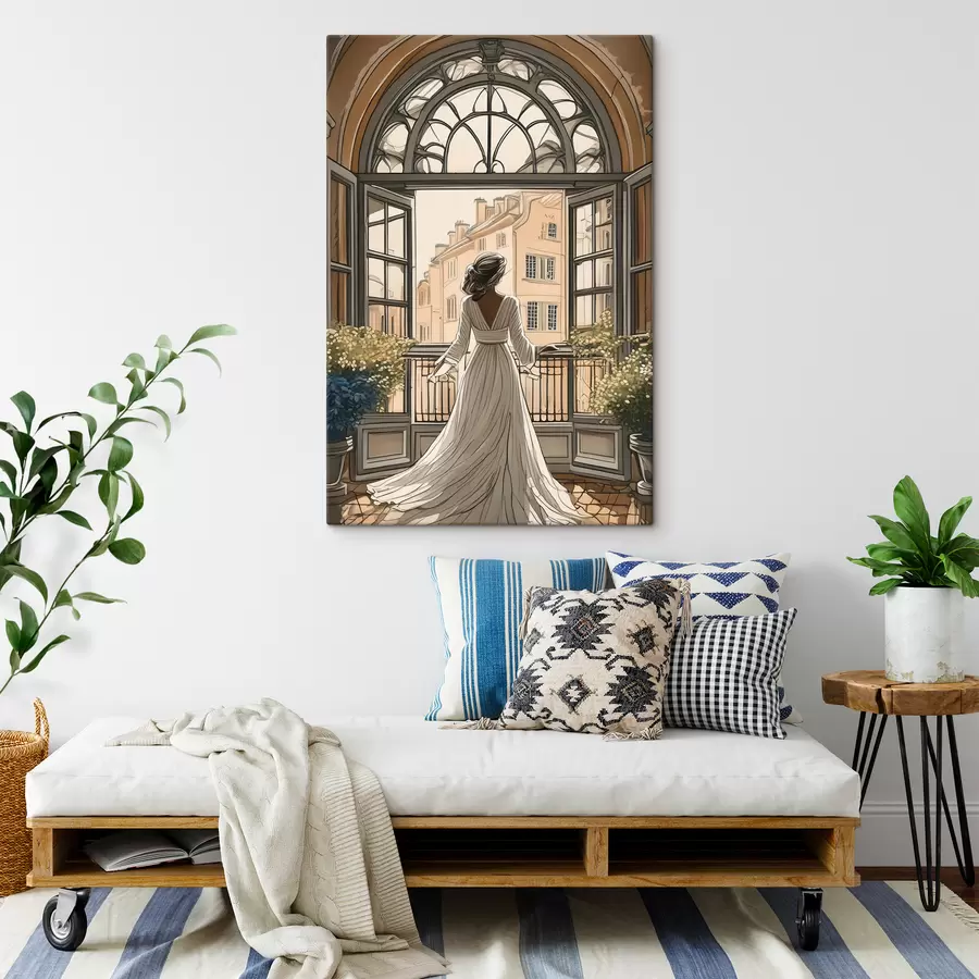 murales de pared silueta de una chica con un vestido blanco cerca de una ventana grande s39480