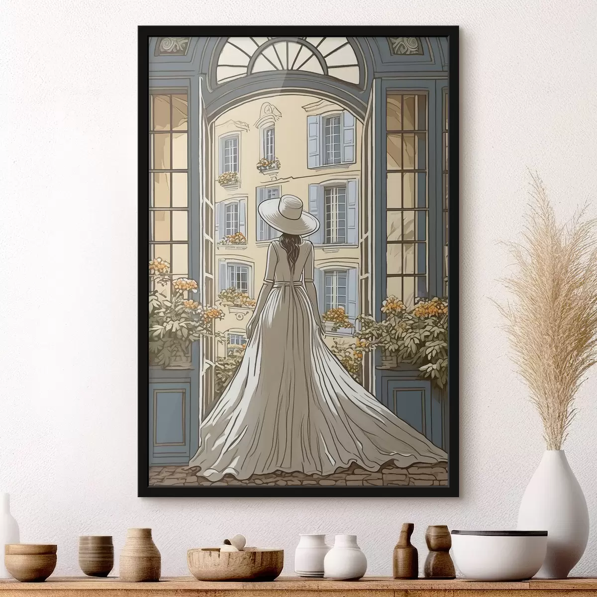 Poster silueta de una chica con un vestido blanco junto a la ventana f39479