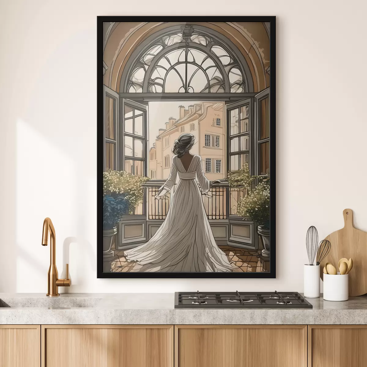 Poster silueta de una chica con un vestido blanco cerca de una ventana grande f39480