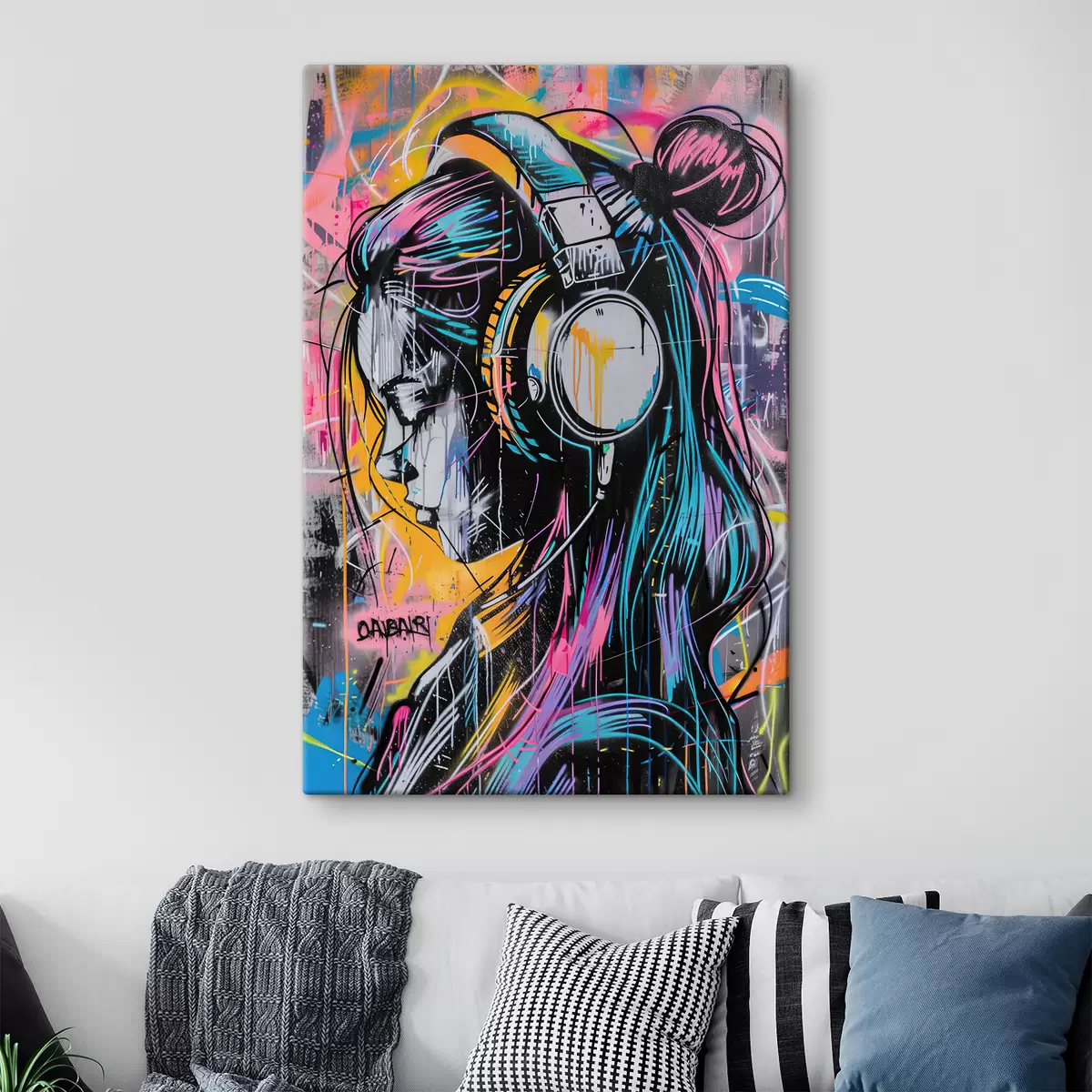 murales de pared Mujer con auriculares en estilo graffiti s39443