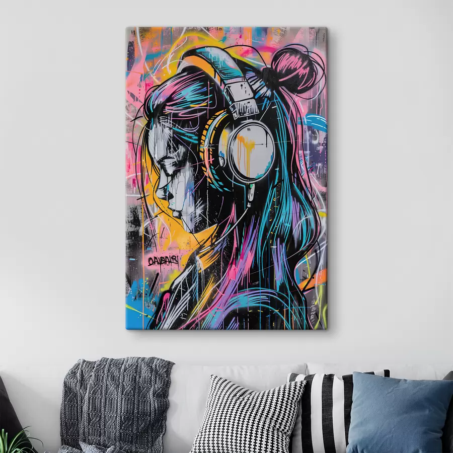 murales de pared Mujer con auriculares en estilo graffiti s39443