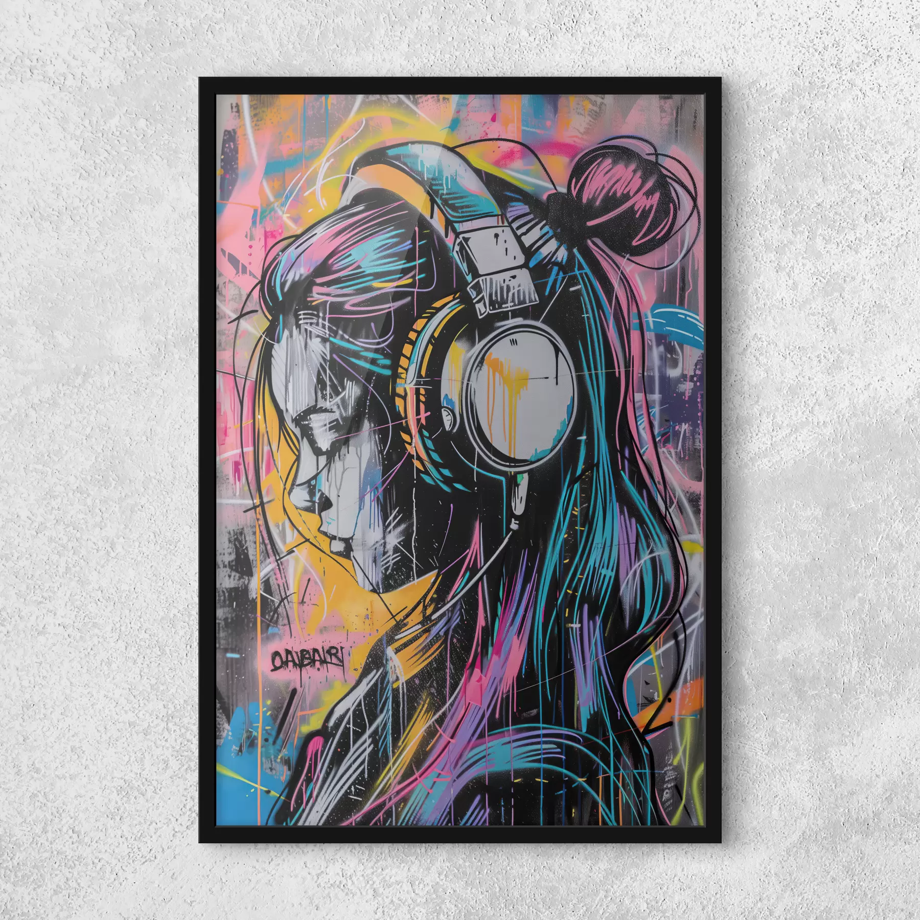 murales de pared Mujer con auriculares en estilo graffiti f39443