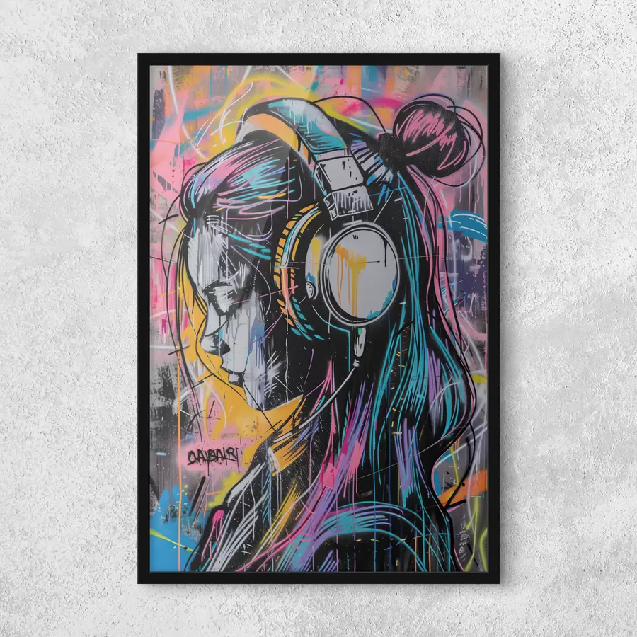 murales de pared Mujer con auriculares en estilo graffiti f39443