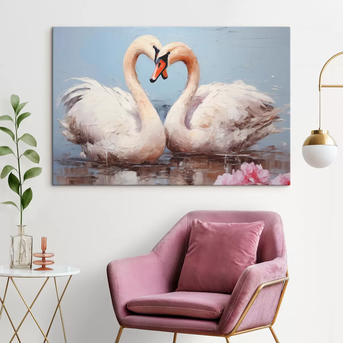 murales de pared Par de cisnes blancos en un estanque, pintura al óleo s39572