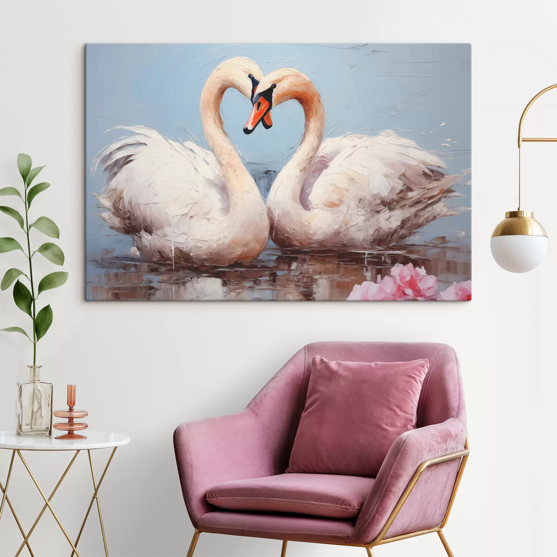 murales de pared Par de cisnes blancos en un estanque, pintura al óleo s39572