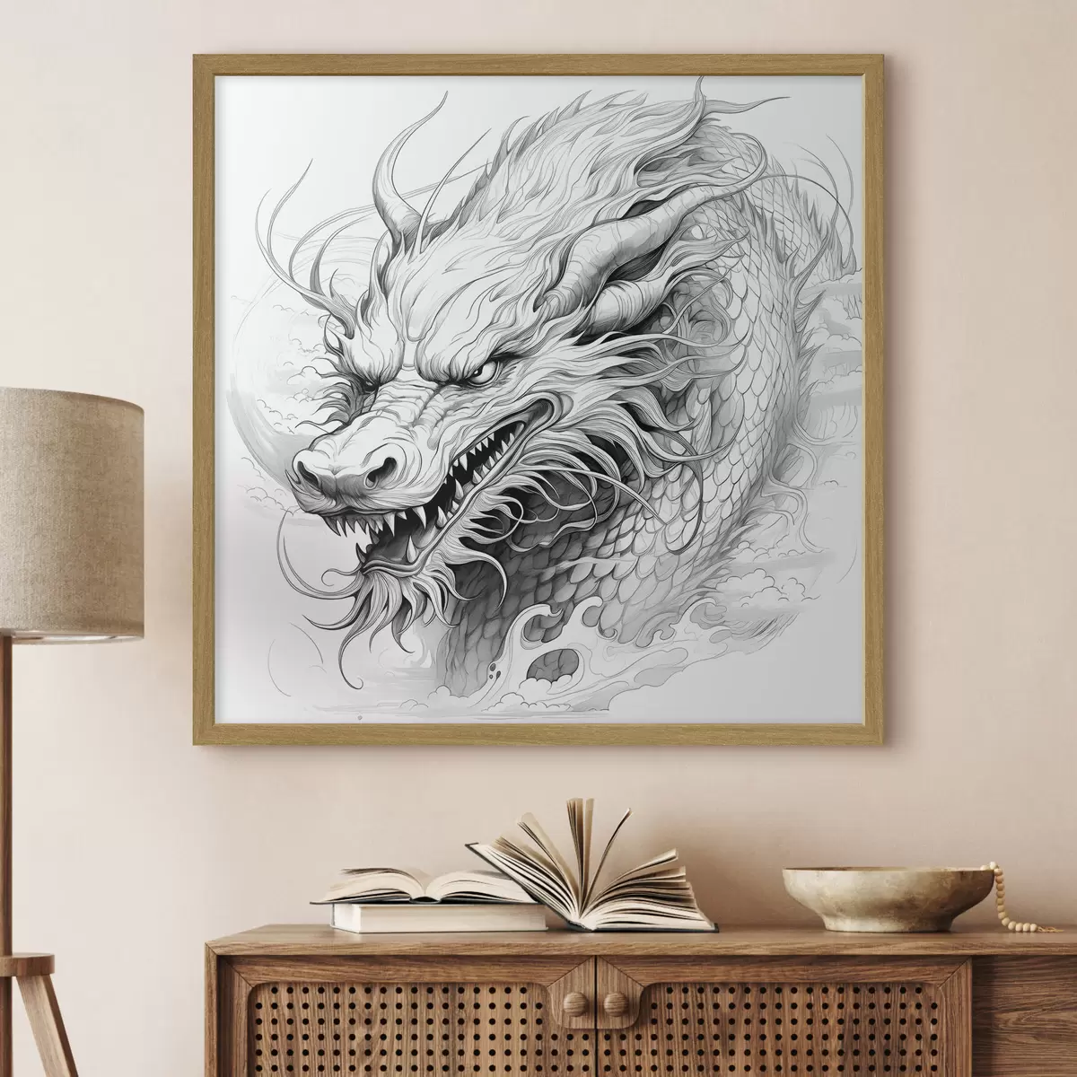 Poster Dibujo lineal monocromo de un dragón de estilo chino f39563