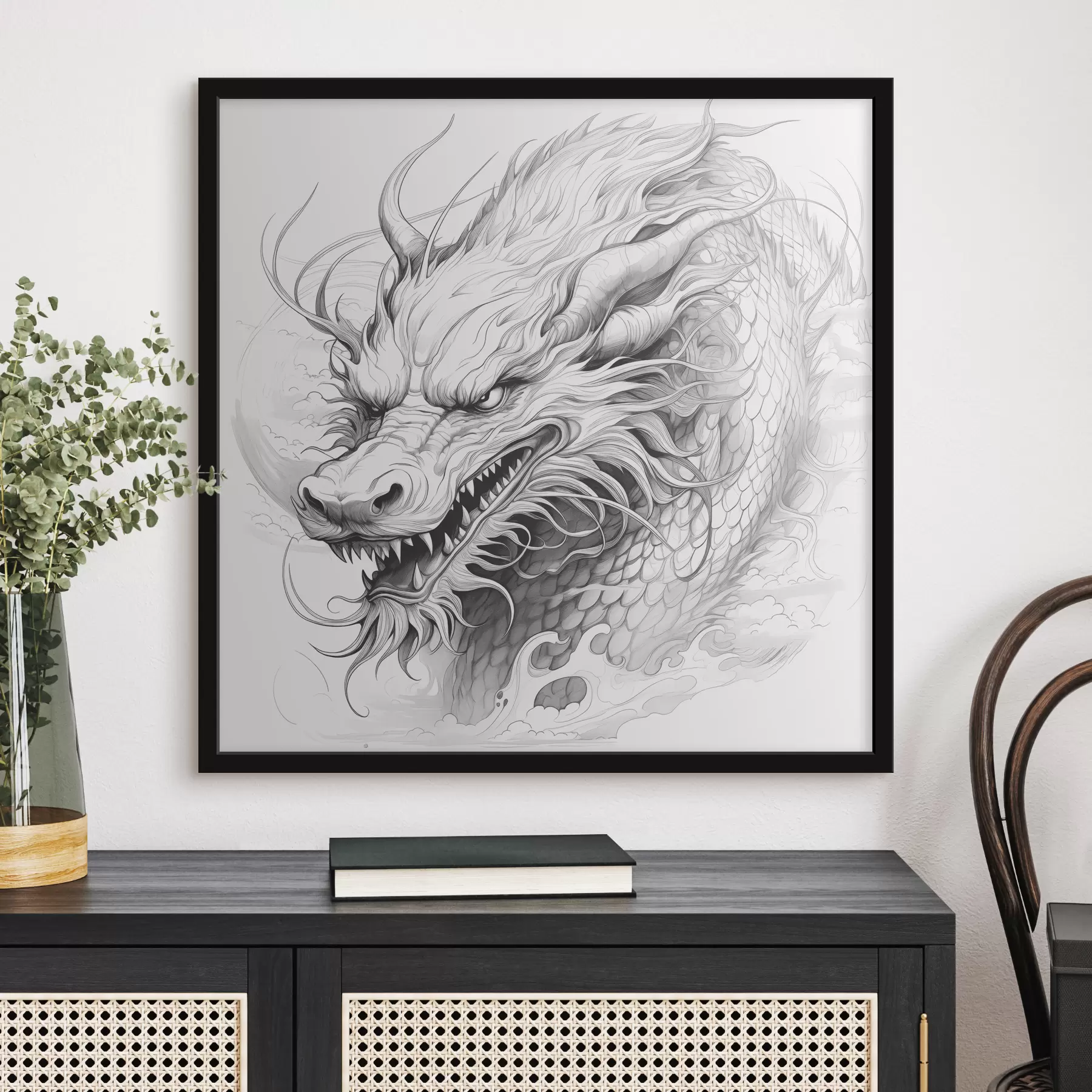 murales de pared Dibujo lineal monocromo de un dragón de estilo chino f39563