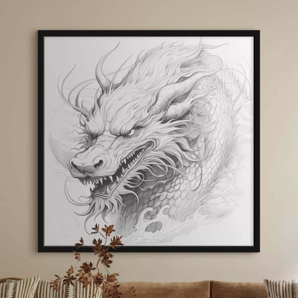 Poster Dibujo lineal monocromo de un dragón de estilo chino f39563