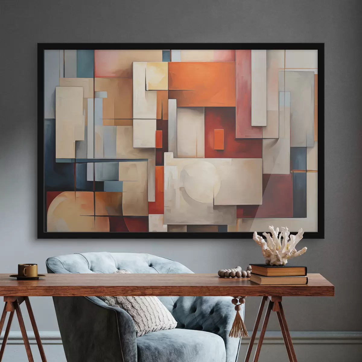 Poster Abstracción en estilo cubismo, pintura al óleo, colores rojo, azul y blanco. f39571