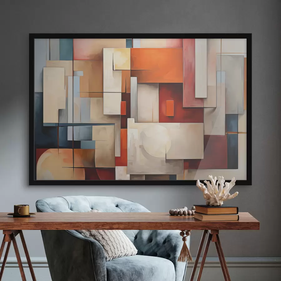 murales de pared Abstracción en estilo cubismo, pintura al óleo, colores rojo, azul y blanco. f39571