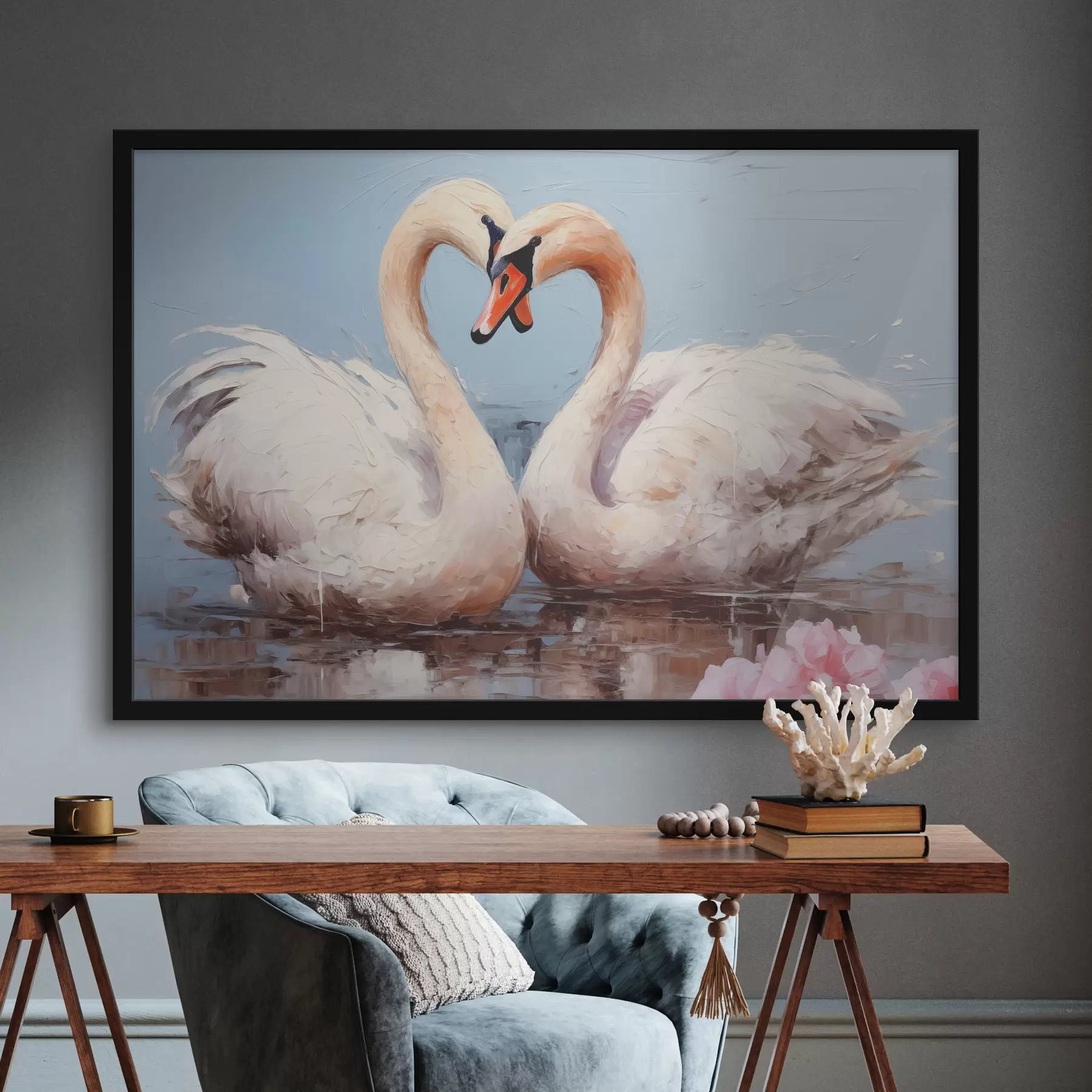 murales de pared Par de cisnes blancos en un estanque, pintura al óleo f39572