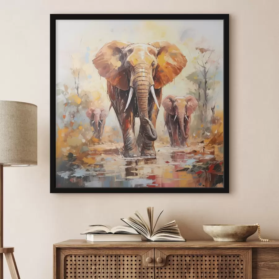 murales de pared Una manada de elefantes entre la sabana, pintura al óleo, arte abstracto f39573