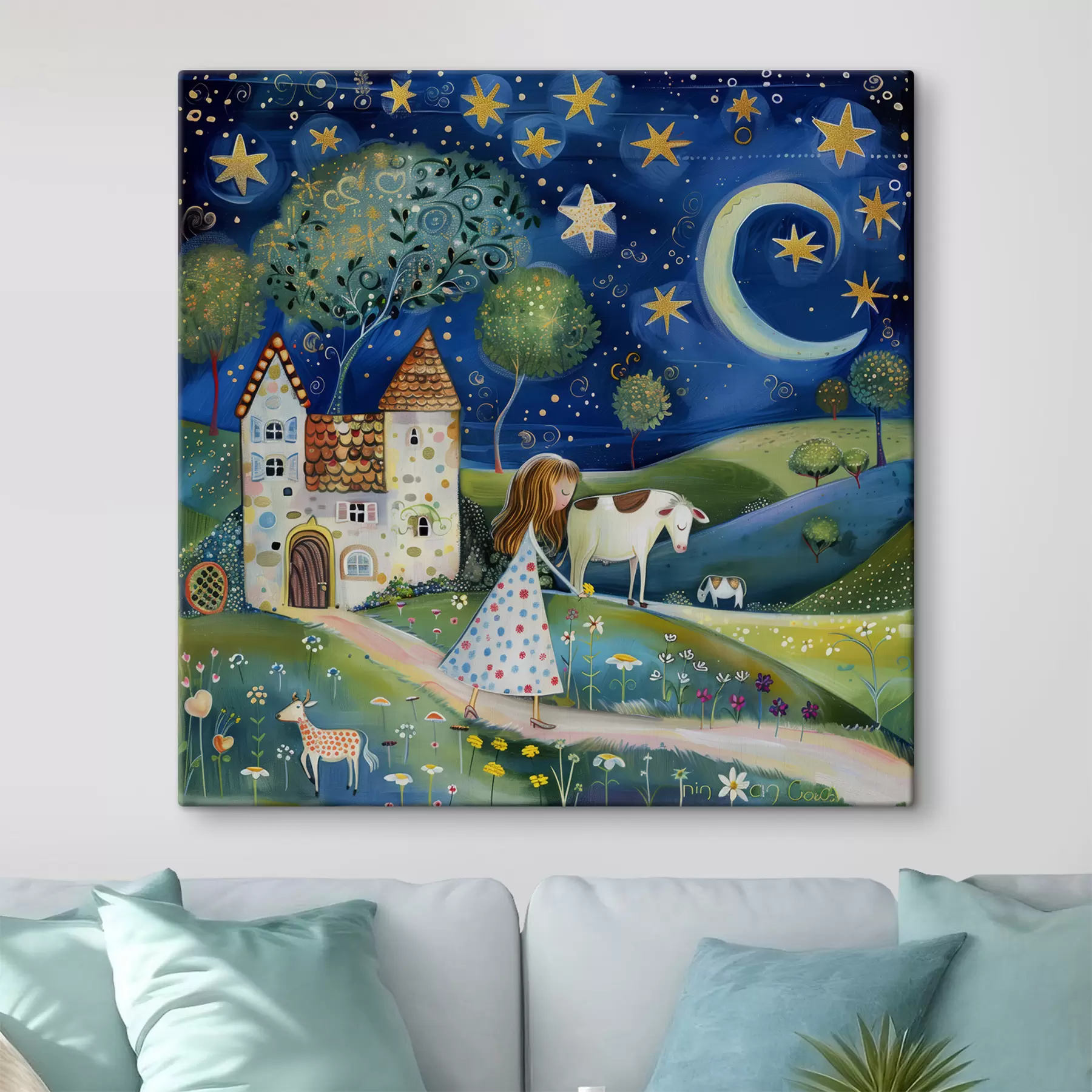 murales de pared Una pequeña princesa, un perro, una vaca y una casa de fantasía bajo las estrellas en un caprichoso estilo artístico ingenuo. s39451