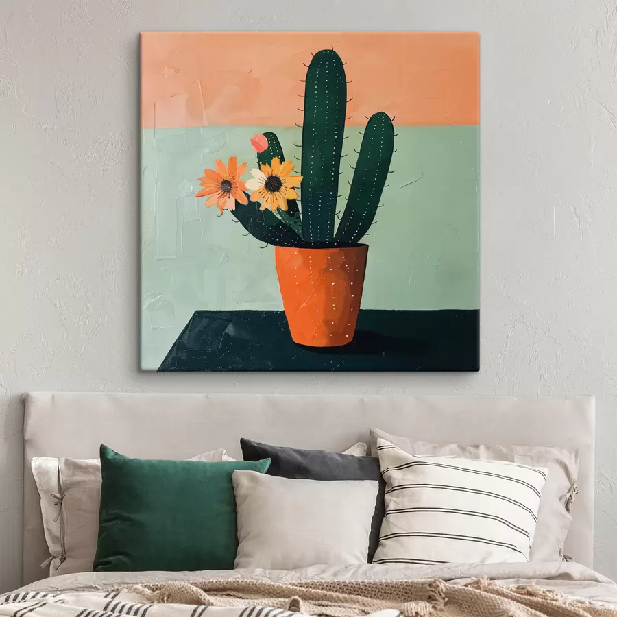murales de pared Una pintura minimalista de un solo cactus con flores en una paleta de colores atrevidos. s39452