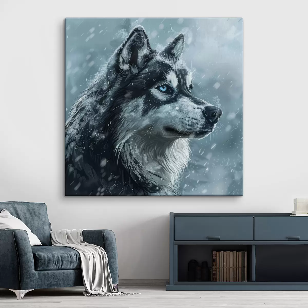 murales de pared Husky con ojos azules sobre fondo azul invernal s39462