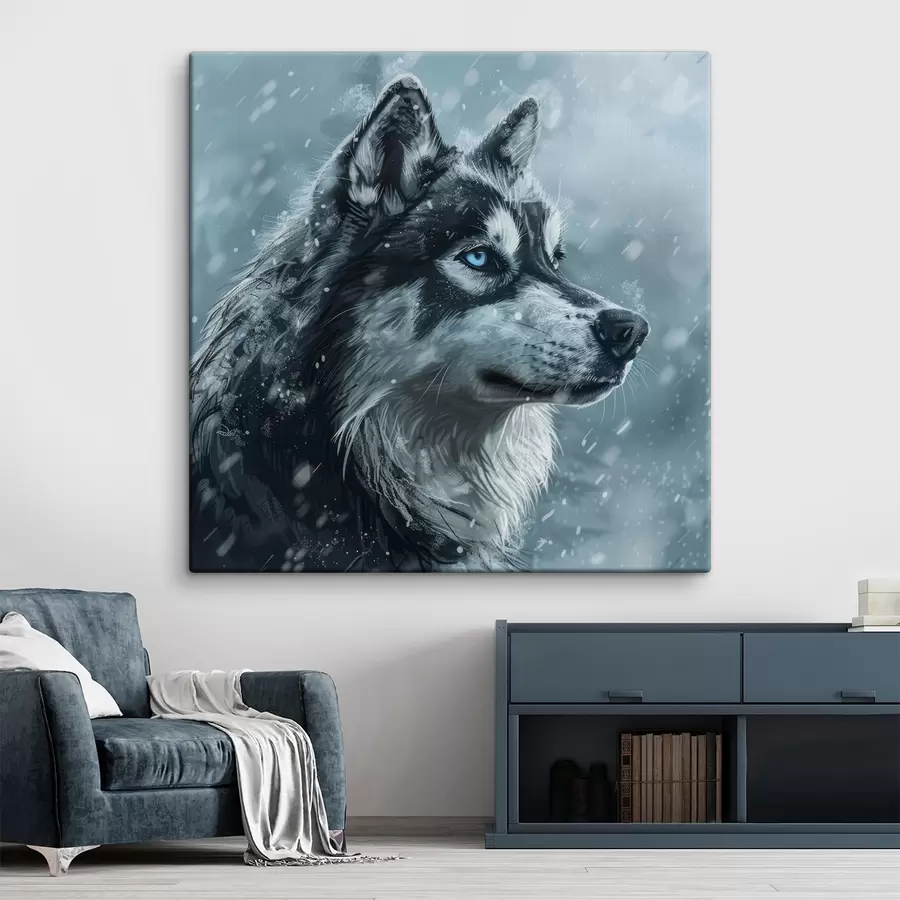 murales de pared Husky con ojos azules sobre fondo azul invernal s39462