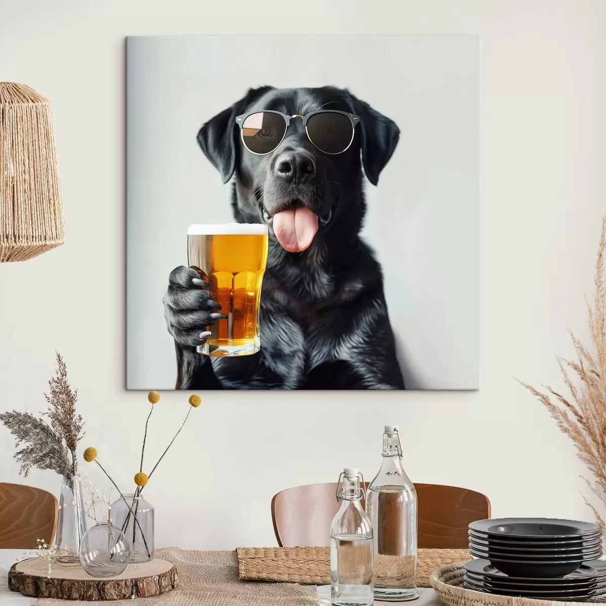 murales de pared Retrato de un labrador negro con gafas de sol y sosteniendo una pinta de cerveza, mirando directamente a la cámara s39470