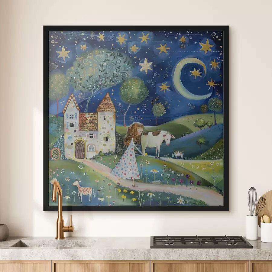 murales de pared Una pequeña princesa, un perro, una vaca y una casa de fantasía bajo las estrellas en un caprichoso estilo artístico ingenuo. f39451